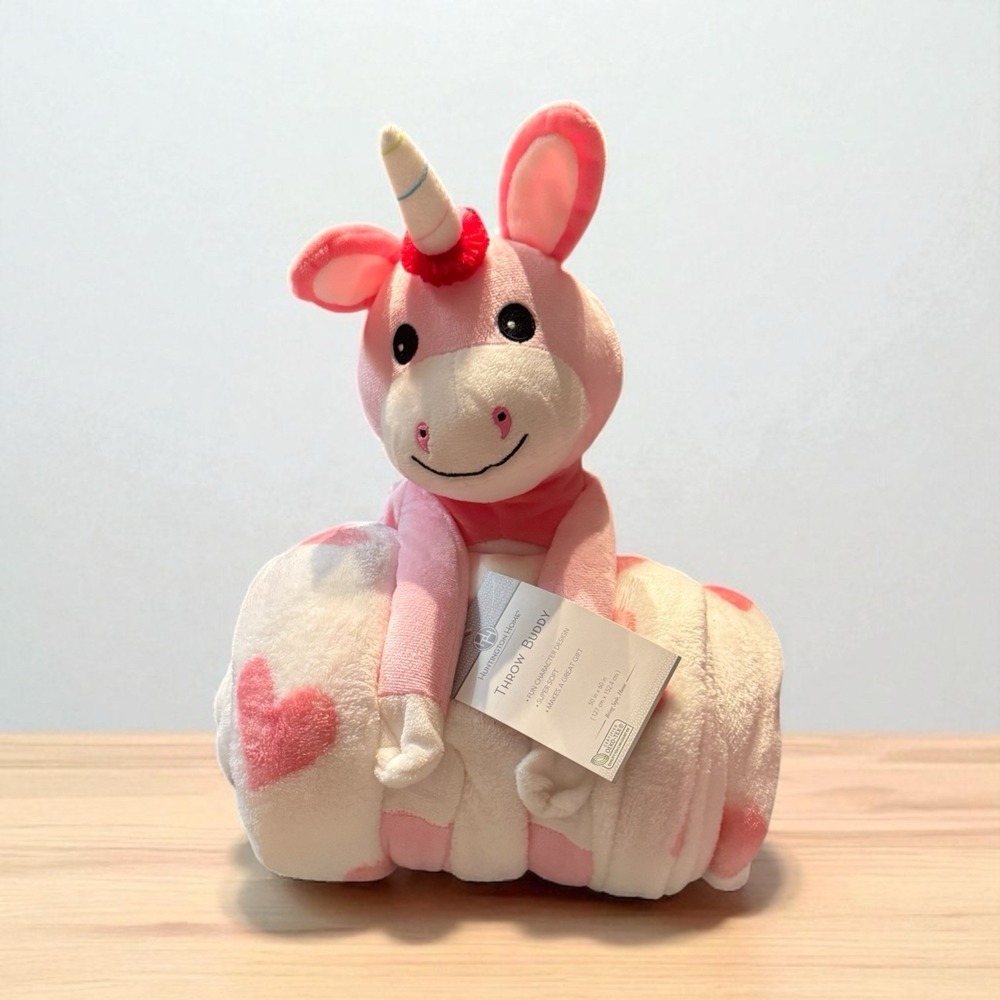 Unicorn Buddy & Throw Blanket with Hearts gift set.